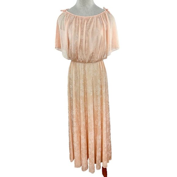 Vintage 70s Chiffon Dress Split Sleeve Maxi Capelet Peach Floral Split Sleeve - Picture 1 of 16